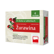 Opakowanie suplementu Colfarm Żurawina – Zioła w tabletkach, 60 tabletek, grafika owoców żurawiny i zielona etykieta z nazwą produktu.