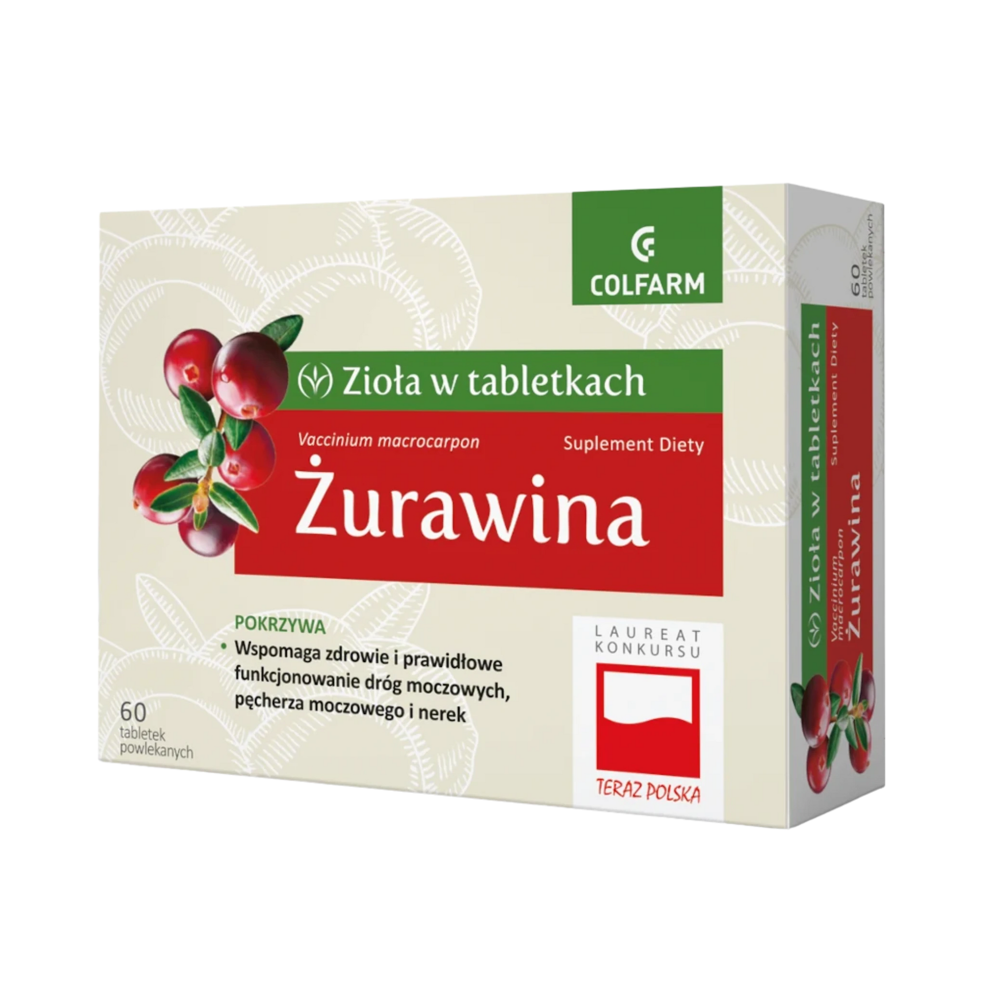 Opakowanie suplementu Colfarm Żurawina – Zioła w tabletkach, 60 tabletek, grafika owoców żurawiny i zielona etykieta z nazwą produktu.