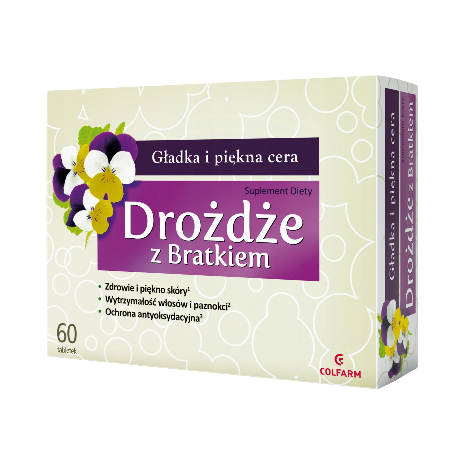 Drożdże z Bratkiem Colfarm – opakowanie produktu, suplement diety 60 tabletek