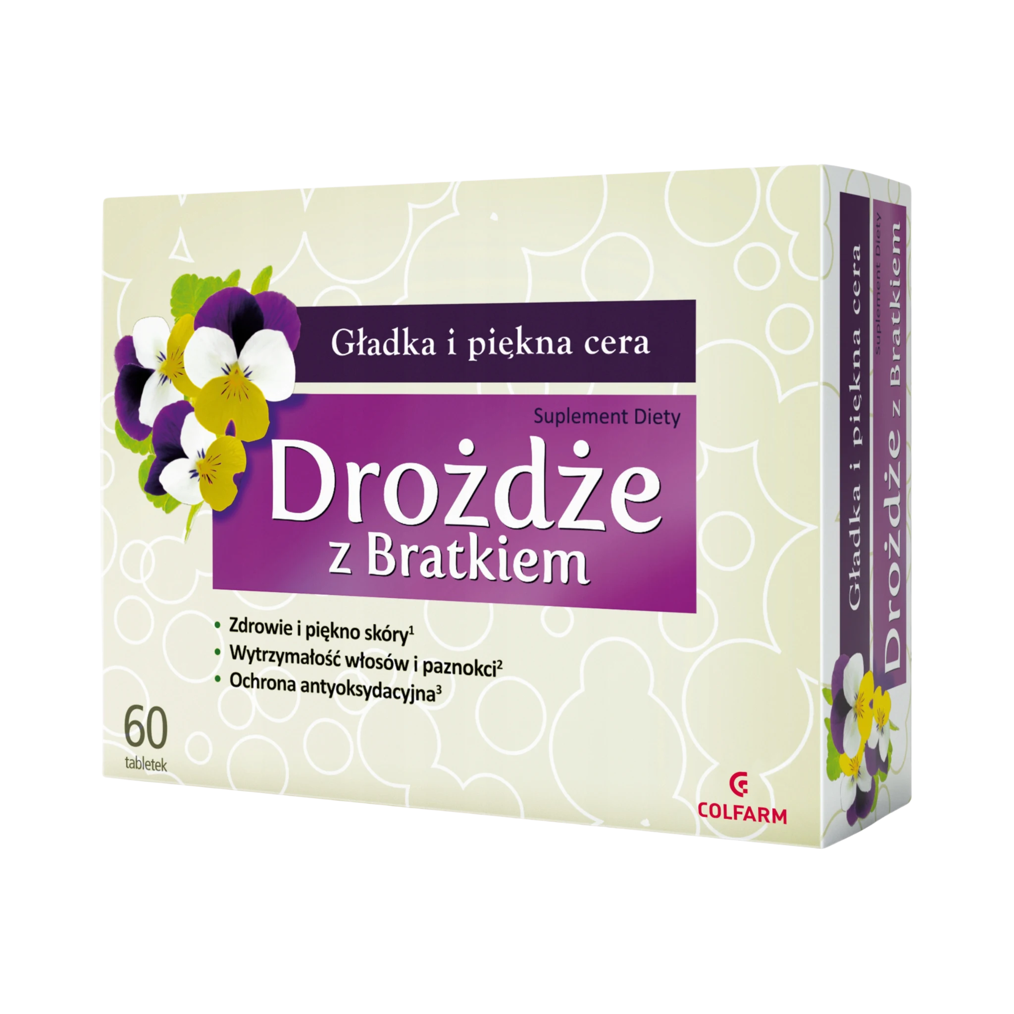 Drożdże z Bratkiem Colfarm – opakowanie produktu, suplement diety 60 tabletek