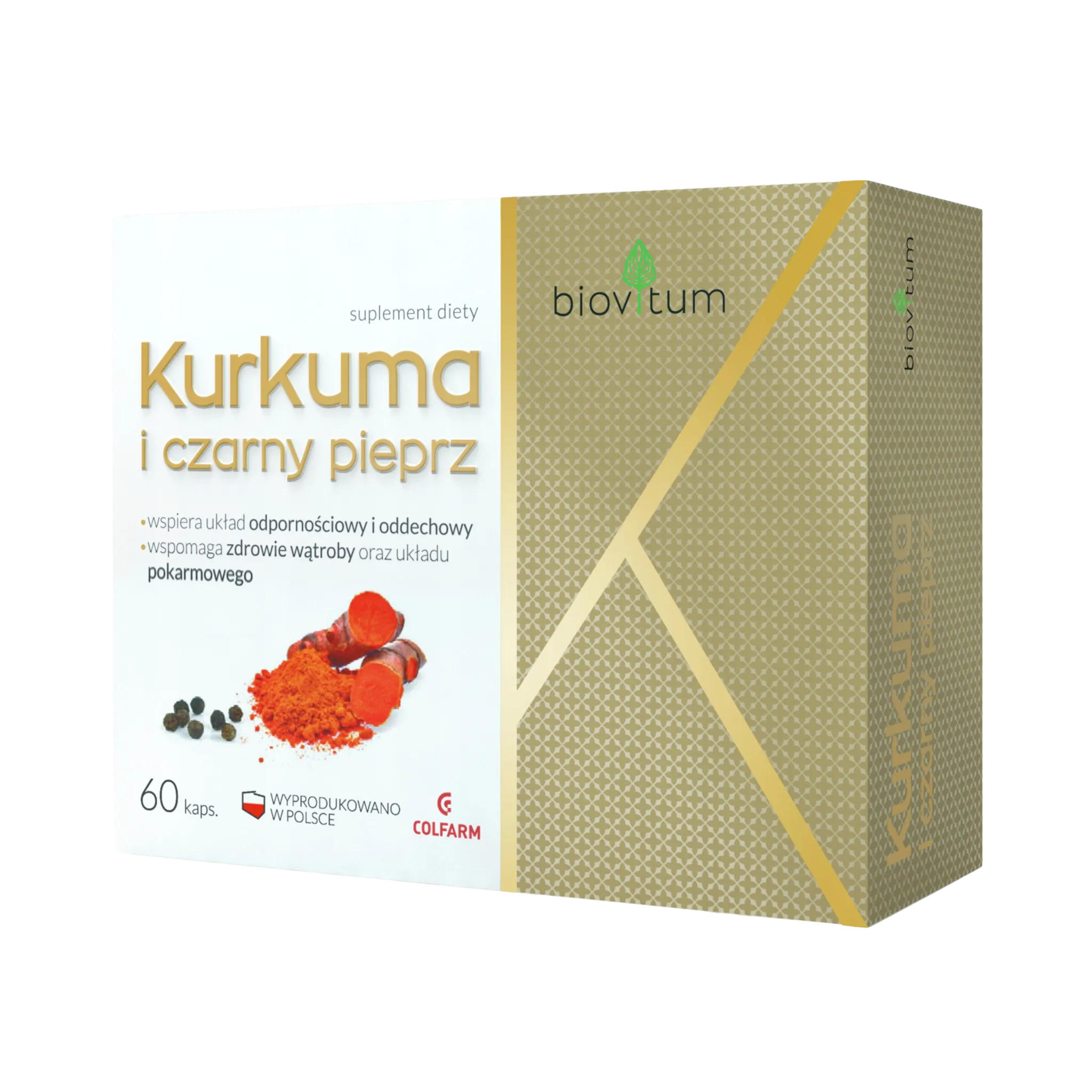 Kurkuma i czarny pieprz Biovitum Colfarm – opakowanie produktu, suplement diety 60 kapsułek