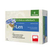 Opakowanie suplementu Colfarm Len – Zioła w tabletkach, tabletki do ssania lub gryzienia, 60 tabletek, grafika kwiatu lnu.
