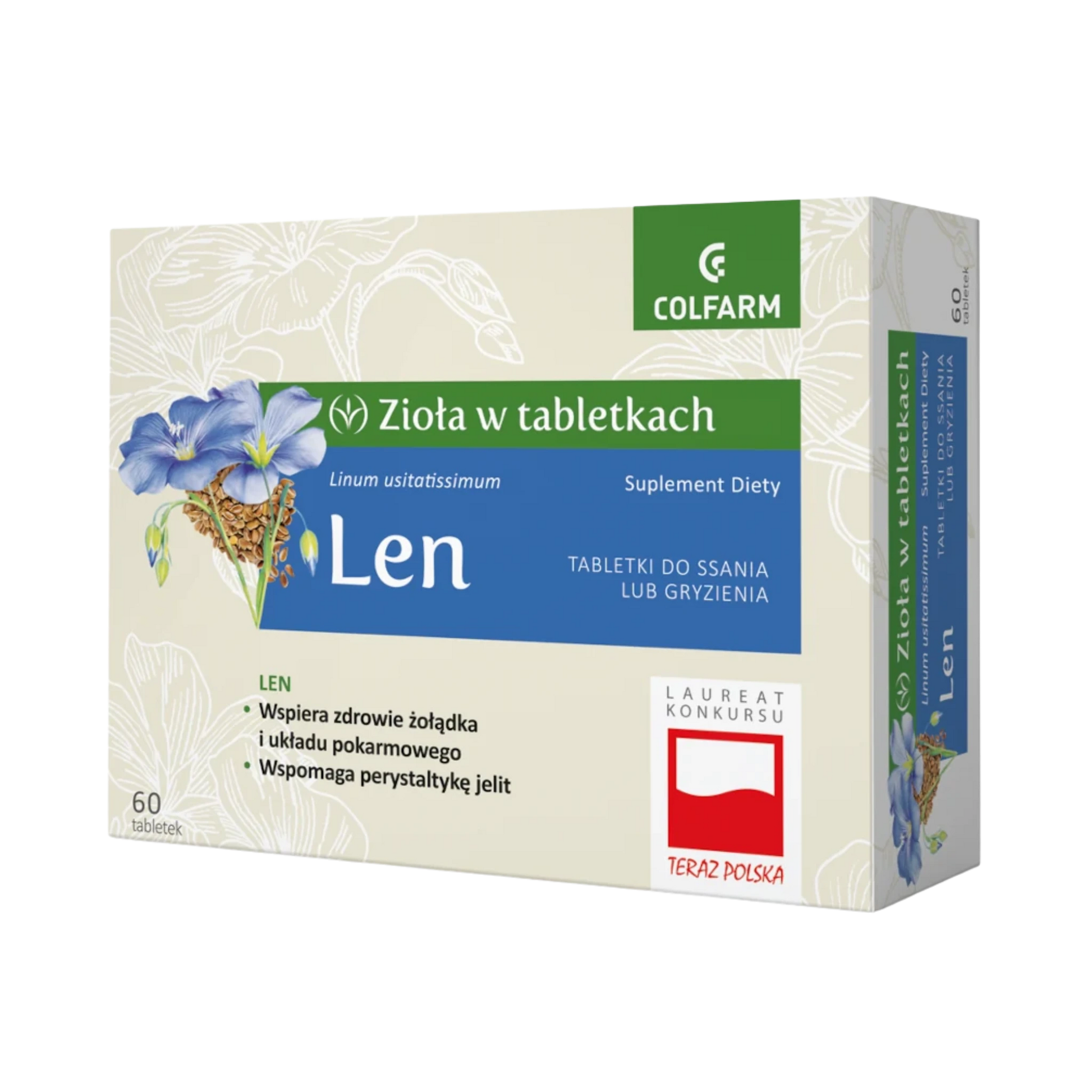 Opakowanie suplementu Colfarm Len – Zioła w tabletkach, tabletki do ssania lub gryzienia, 60 tabletek, grafika kwiatu lnu.
