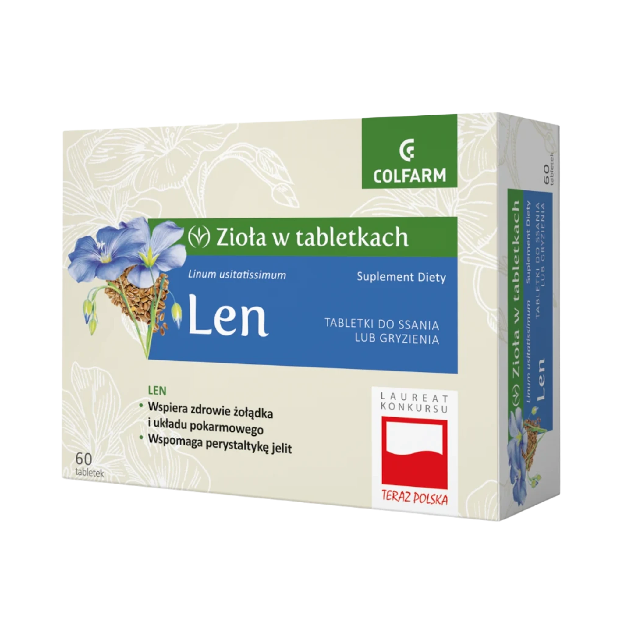 Opakowanie suplementu Colfarm Len – Zioła w tabletkach, tabletki do ssania lub gryzienia, 60 tabletek, grafika kwiatu lnu.