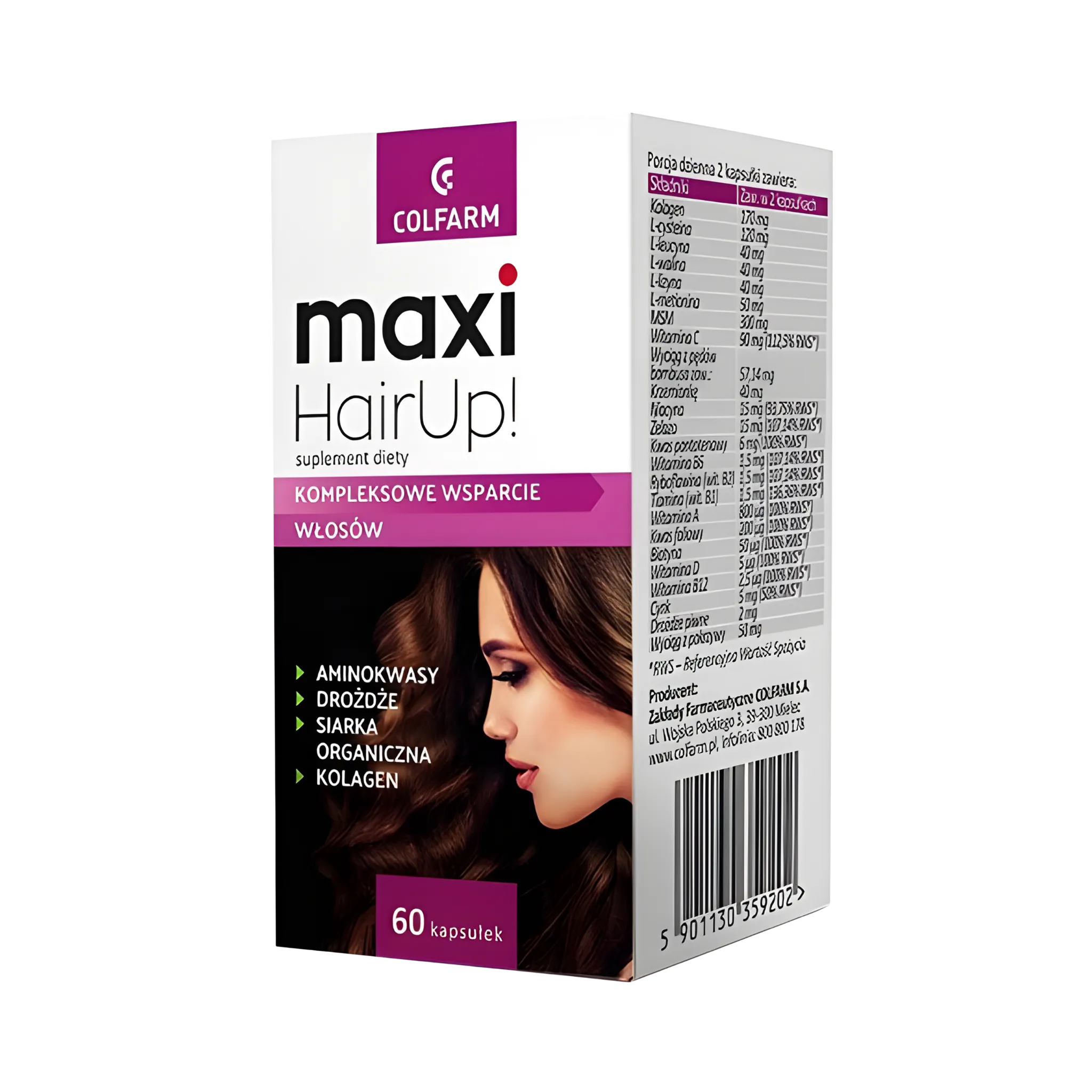 Maxi Hair Up Colfarm – opakowanie produktu, suplement diety 60 kapsułek