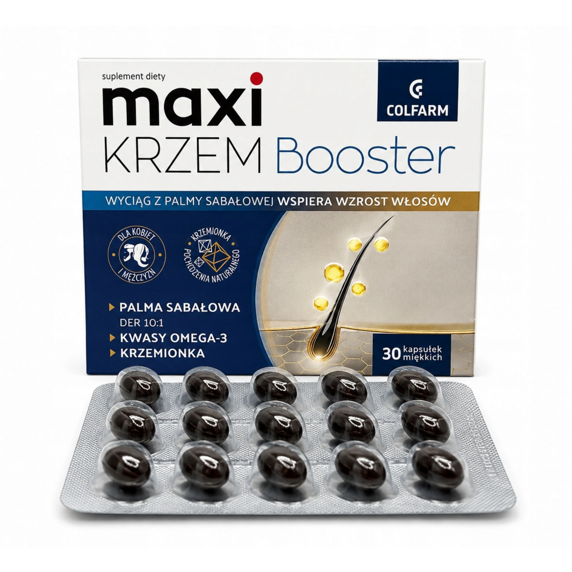 Opakowanie Maxi Krzem Booster z blistrem 30 kapsułek miękkich – palma sabałowa DER 10:1, omega-3, krzemionka