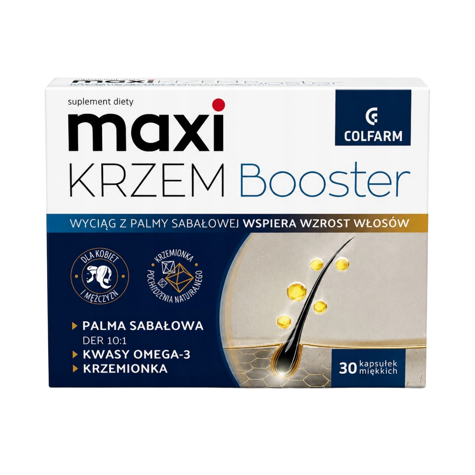 Maxi Krzem Booster Colfarm – suplement diety wspierający wzrost włosów z palmą sabałową, omega-3 i krzemionką, 30 kapsułek