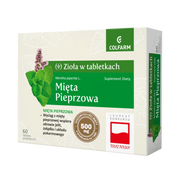Mięta Pieprzowa Colfarm – opakowanie suplementu diety Zioła w tabletkach 60 tabletek z grafiką liści mięty