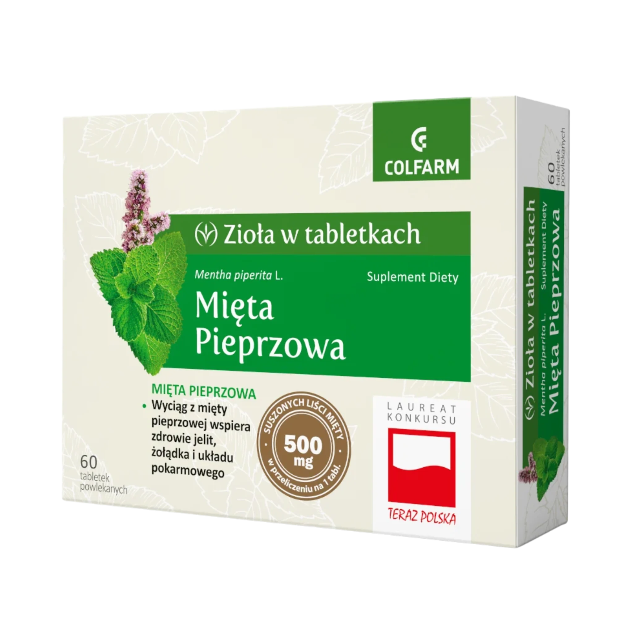 Mięta Pieprzowa Colfarm – opakowanie suplementu diety Zioła w tabletkach 60 tabletek z grafiką liści mięty