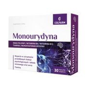 Monourydyna Colfarm – opakowanie suplementu diety 30 kapsułek miękkich z grafiką układu nerwowego