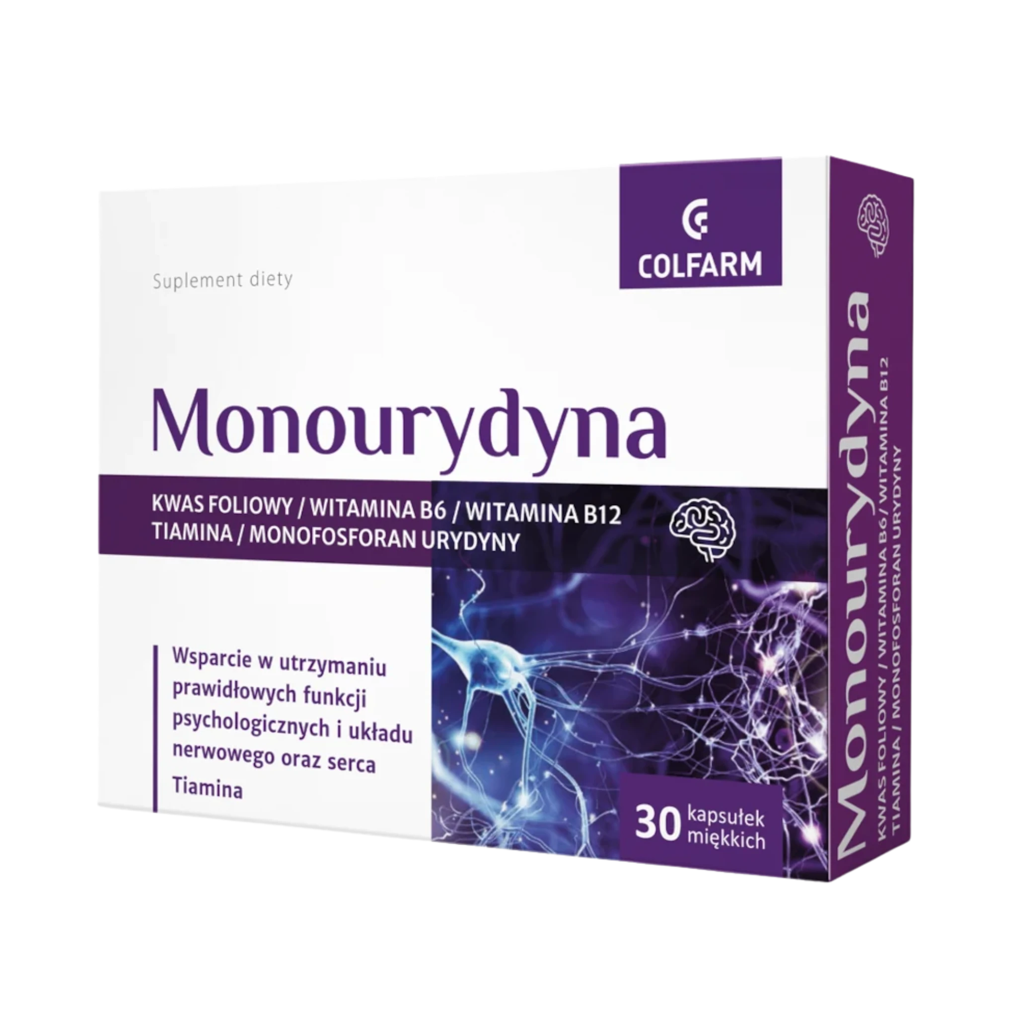 Monourydyna Colfarm – opakowanie suplementu diety 30 kapsułek miękkich z grafiką układu nerwowego