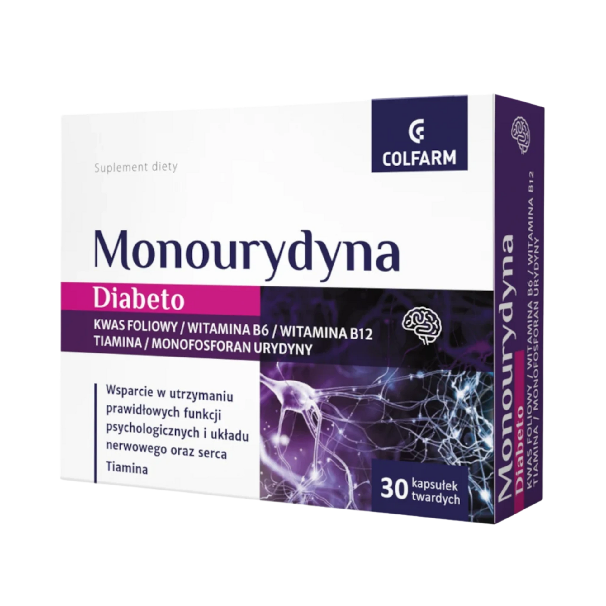 Monourydyna Diabeto Colfarm – opakowanie suplementu diety 30 kapsułek twardych z grafiką układu nerwowego