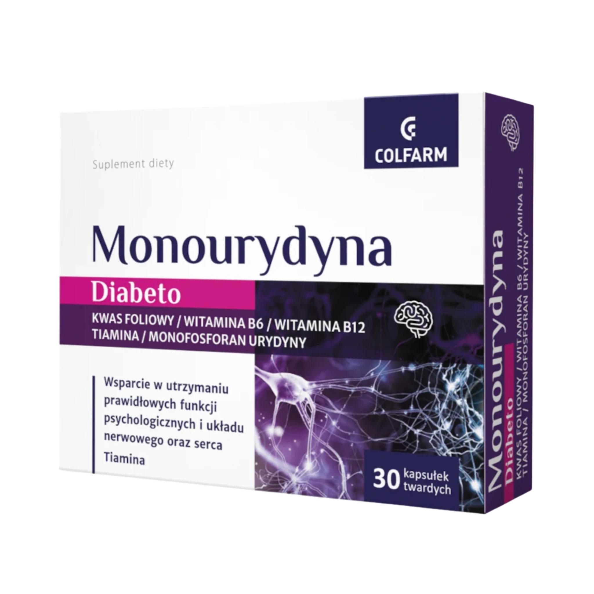 Monourydyna Diabeto Colfarm – opakowanie suplementu diety 30 kapsułek twardych z grafiką układu nerwowego
