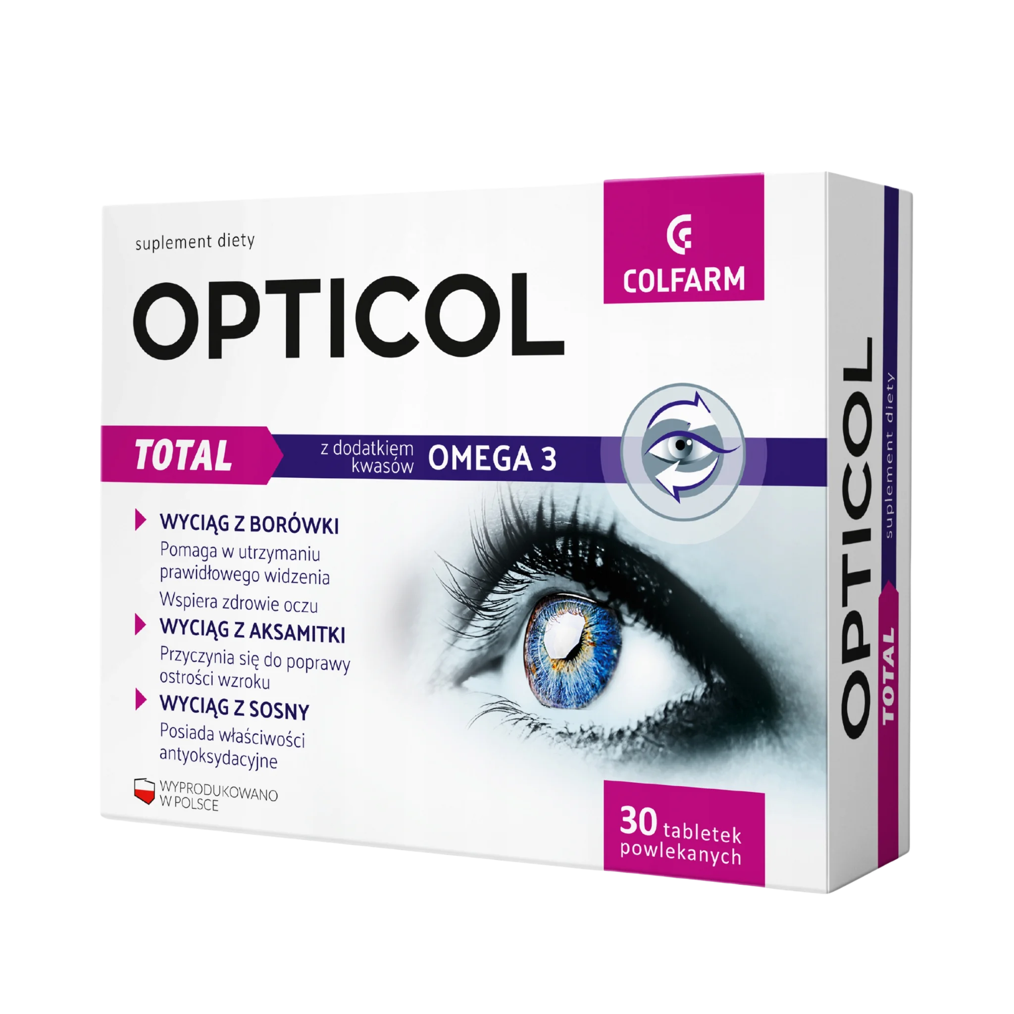 Opticol Total Colfarm – opakowanie produktu, suplement diety 30 tabletek