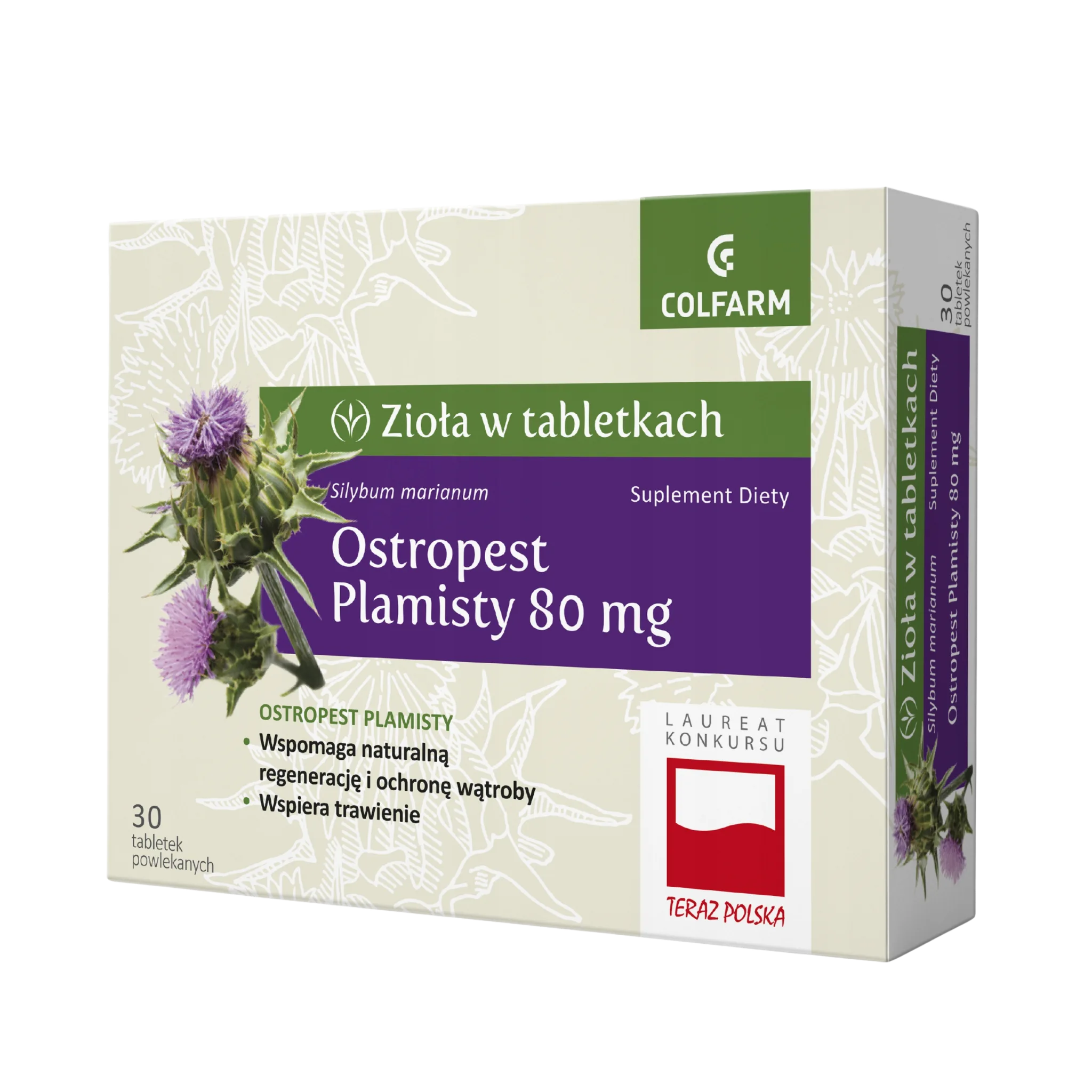 Ostropest Plamisty Colfarm 80 mg – opakowanie produktu, suplement diety 30 tabletek