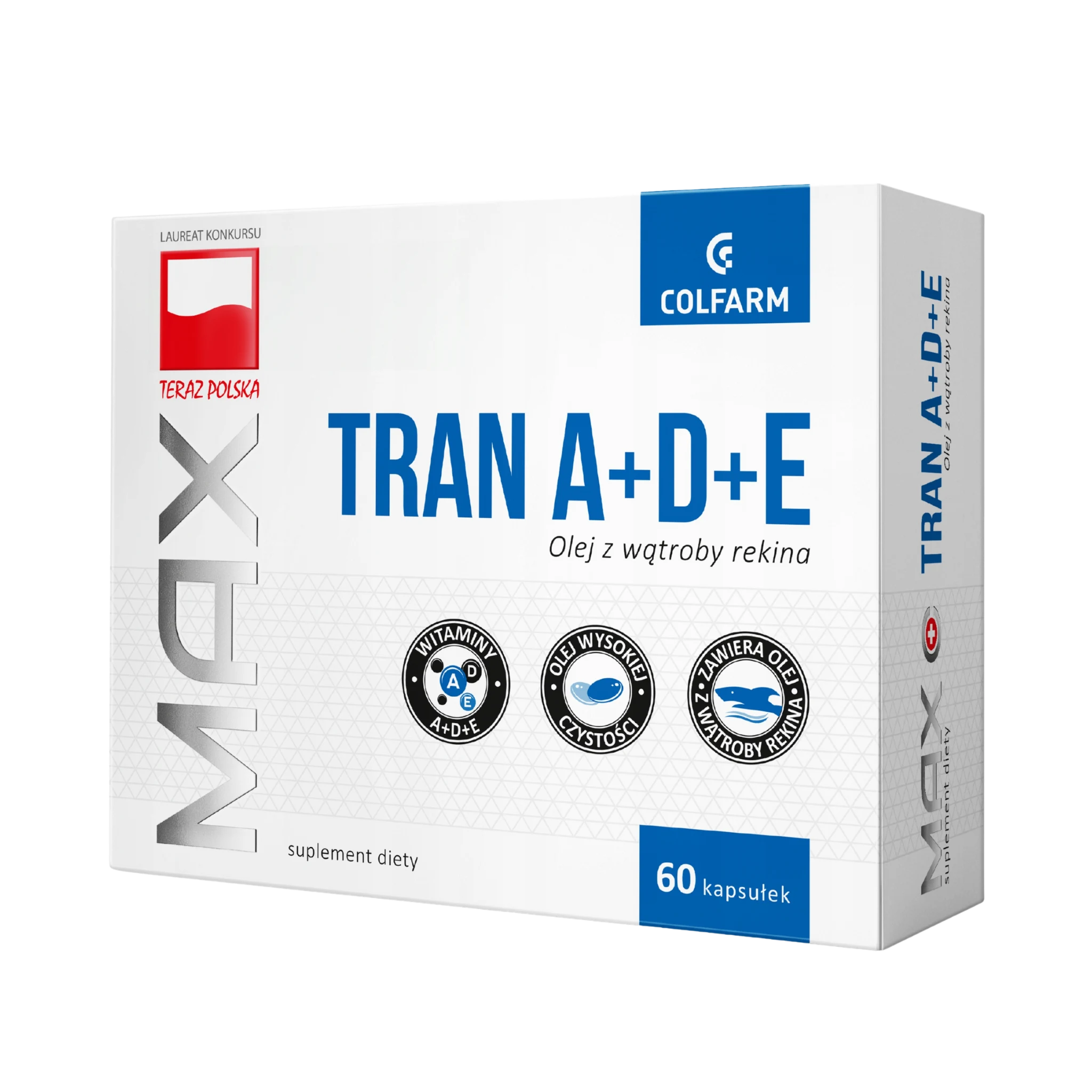 Tran A+D+E Colfarm – opakowanie produktu, suplement diety 60 kapsułek
