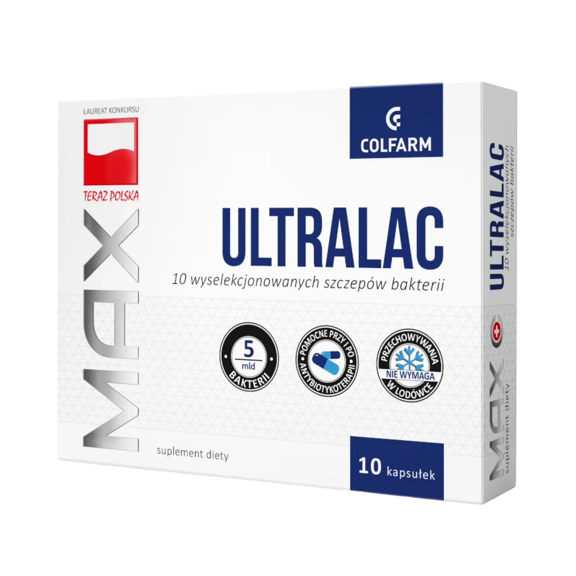 Ultralac Colfarm – opakowanie produktu, suplement diety 10 kapsułek
