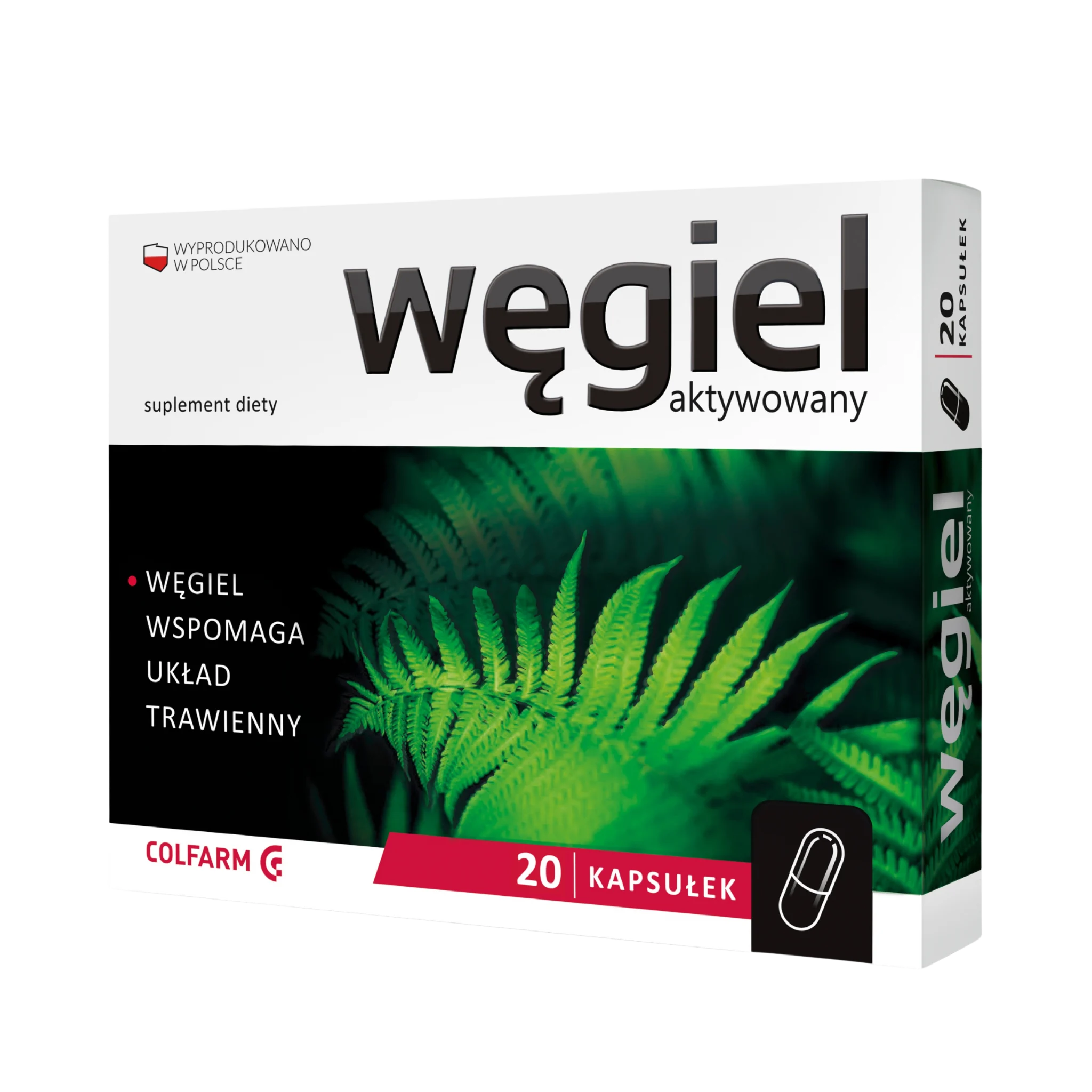 Węgiel Aktywowany Colfarm – opakowanie produktu, suplement diety 20 kapsułek