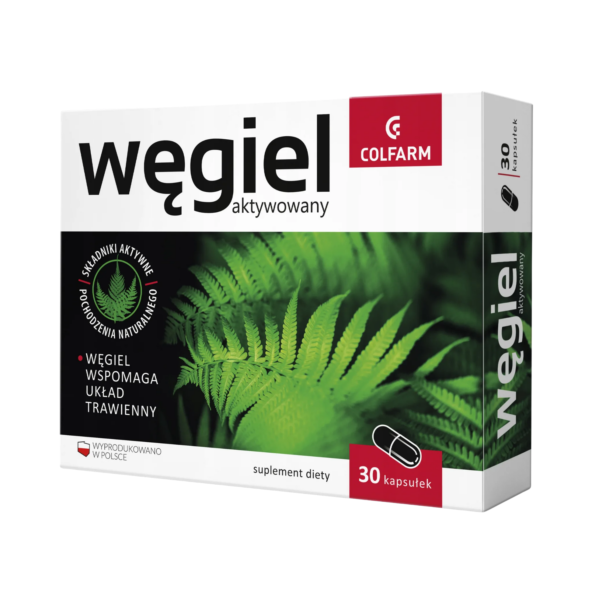 Węgiel Aktywowany Colfarm – opakowanie produktu, suplement diety 30 kapsułek