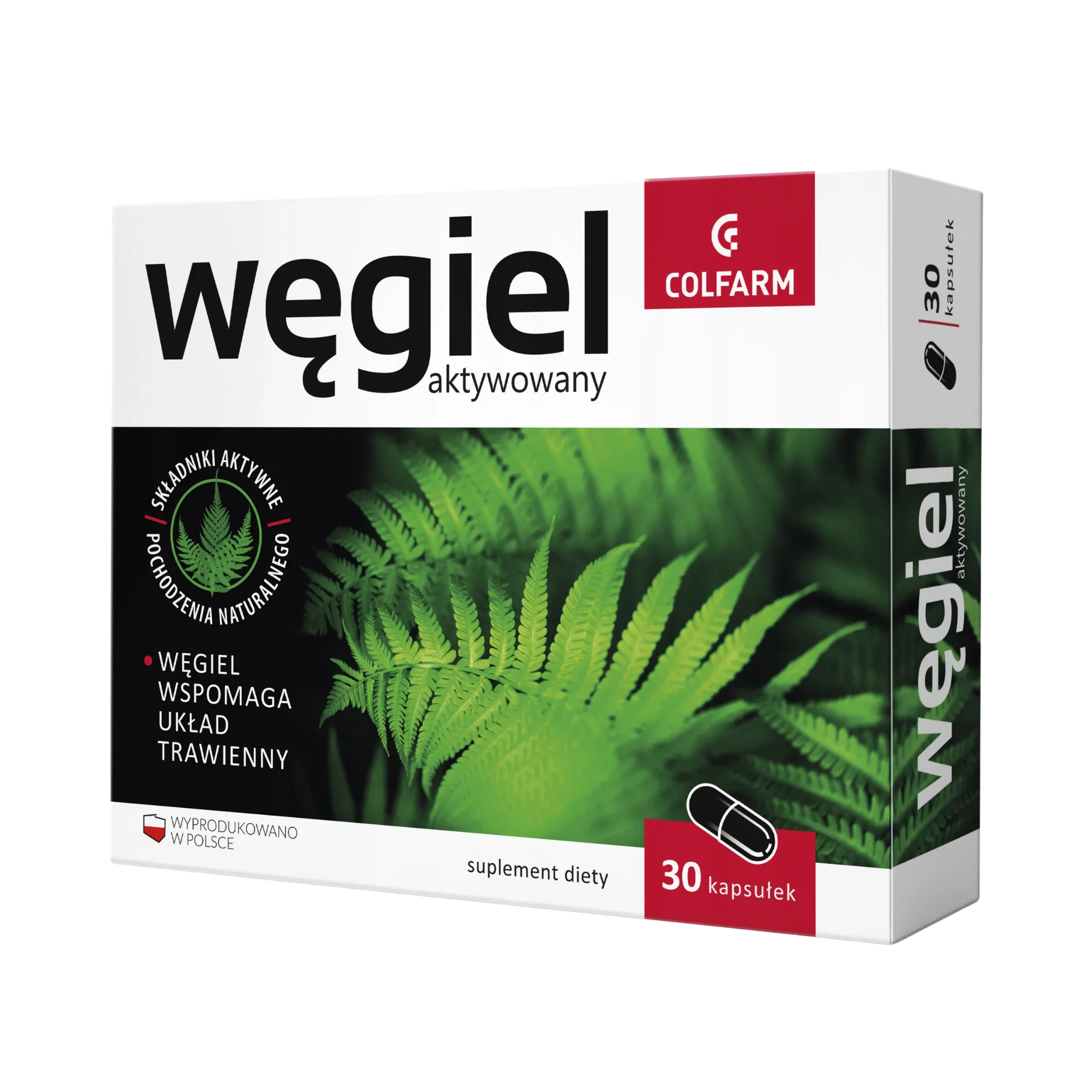 Węgiel Aktywowany Colfarm – opakowanie produktu, suplement diety 30 kapsułek