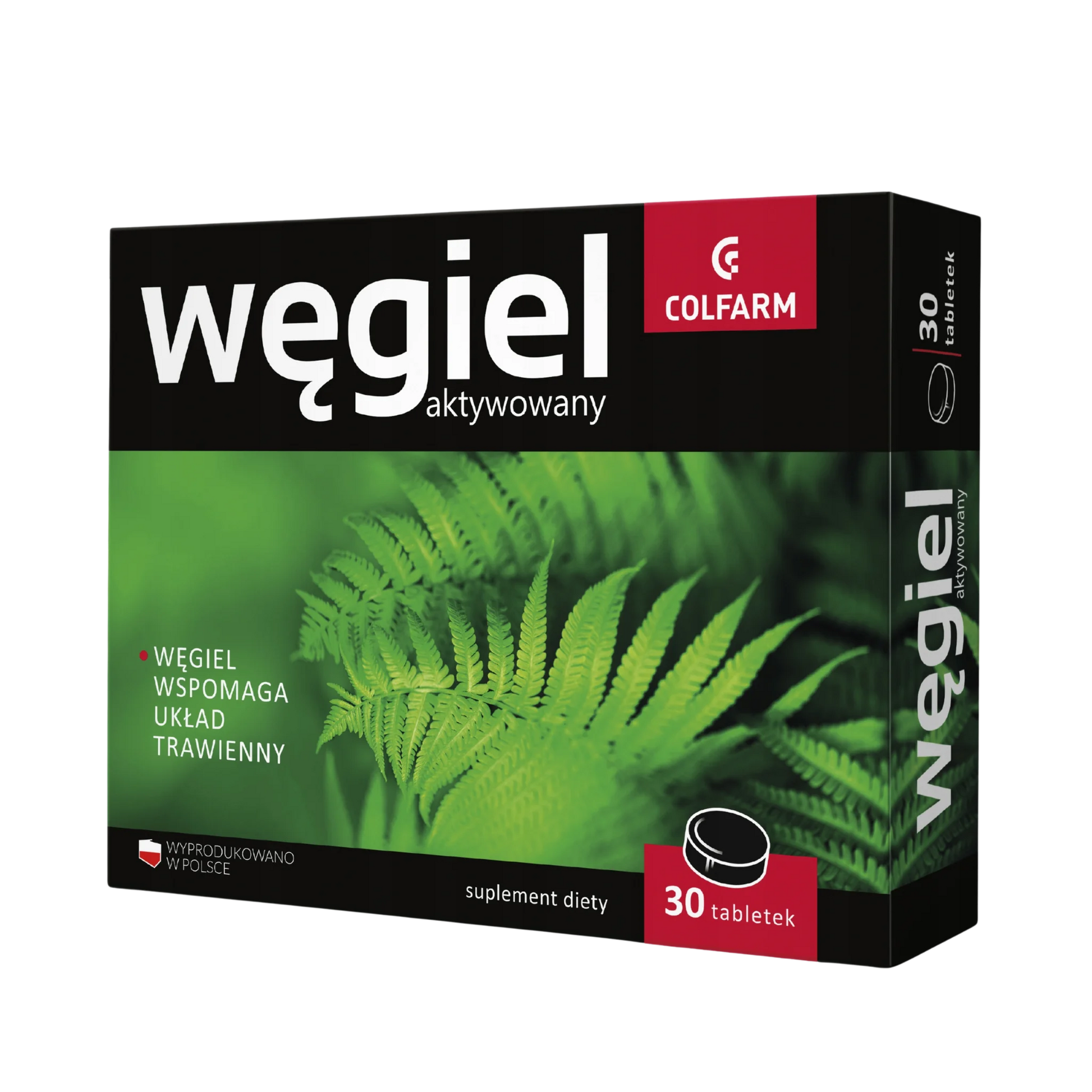 Węgiel Aktywowany Colfarm – opakowanie produktu, suplement diety 30 tabletek