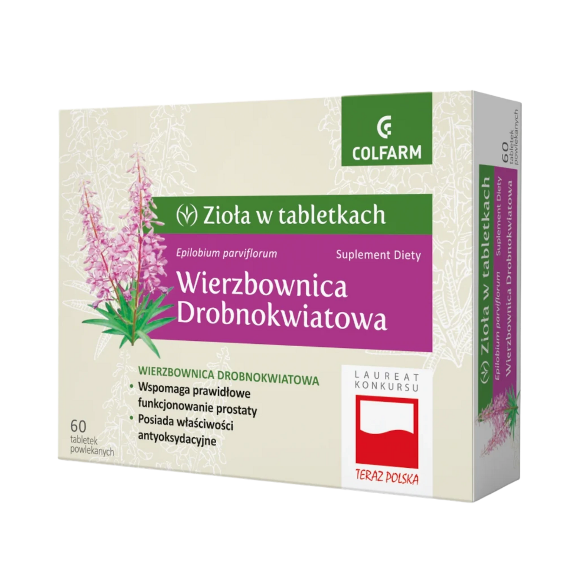 Wierzbownica Drobnokwiatowa Colfarm – opakowanie suplementu diety 60 tabletek z grafiką rośliny