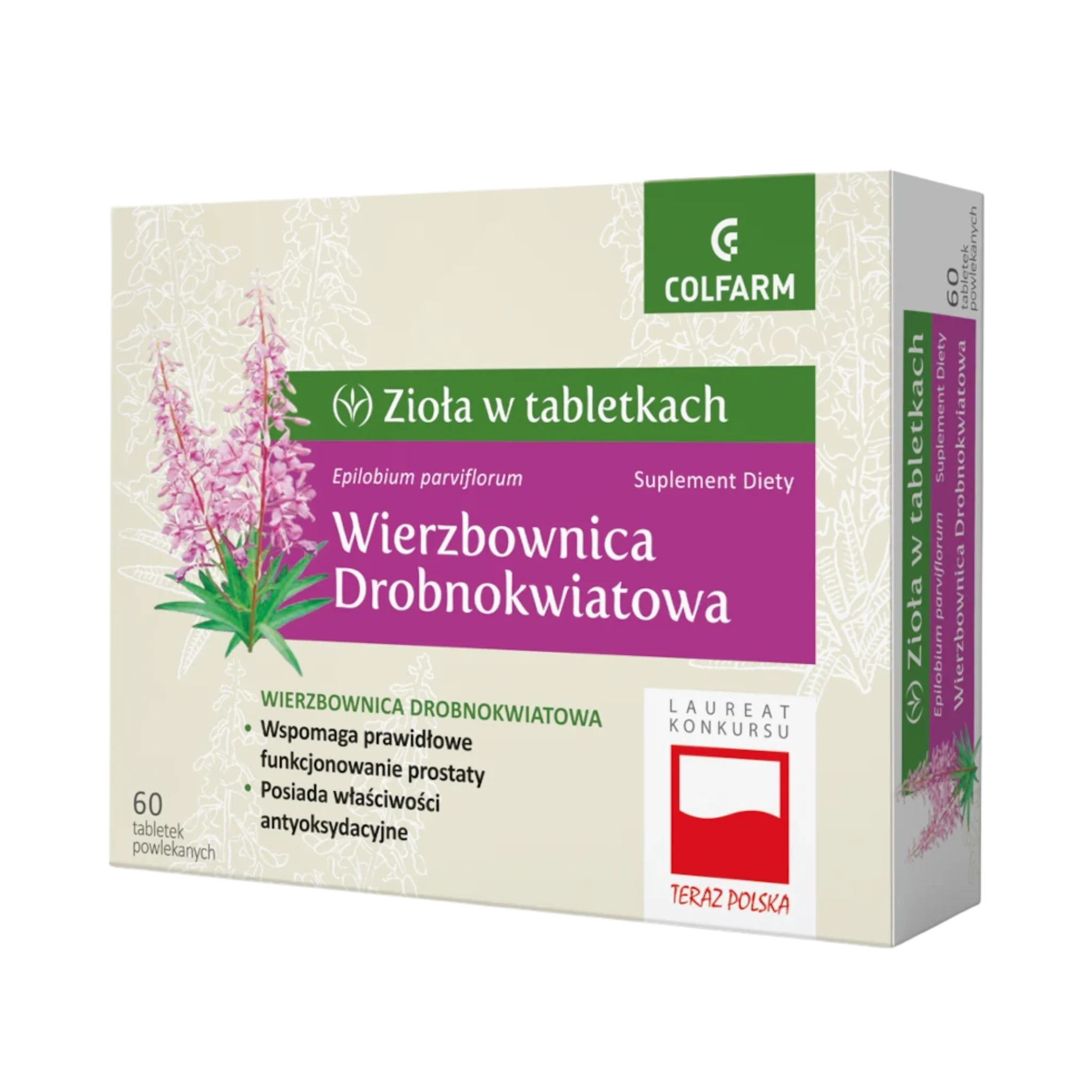 Wierzbownica Drobnokwiatowa Colfarm – opakowanie suplementu diety 60 tabletek z grafiką rośliny