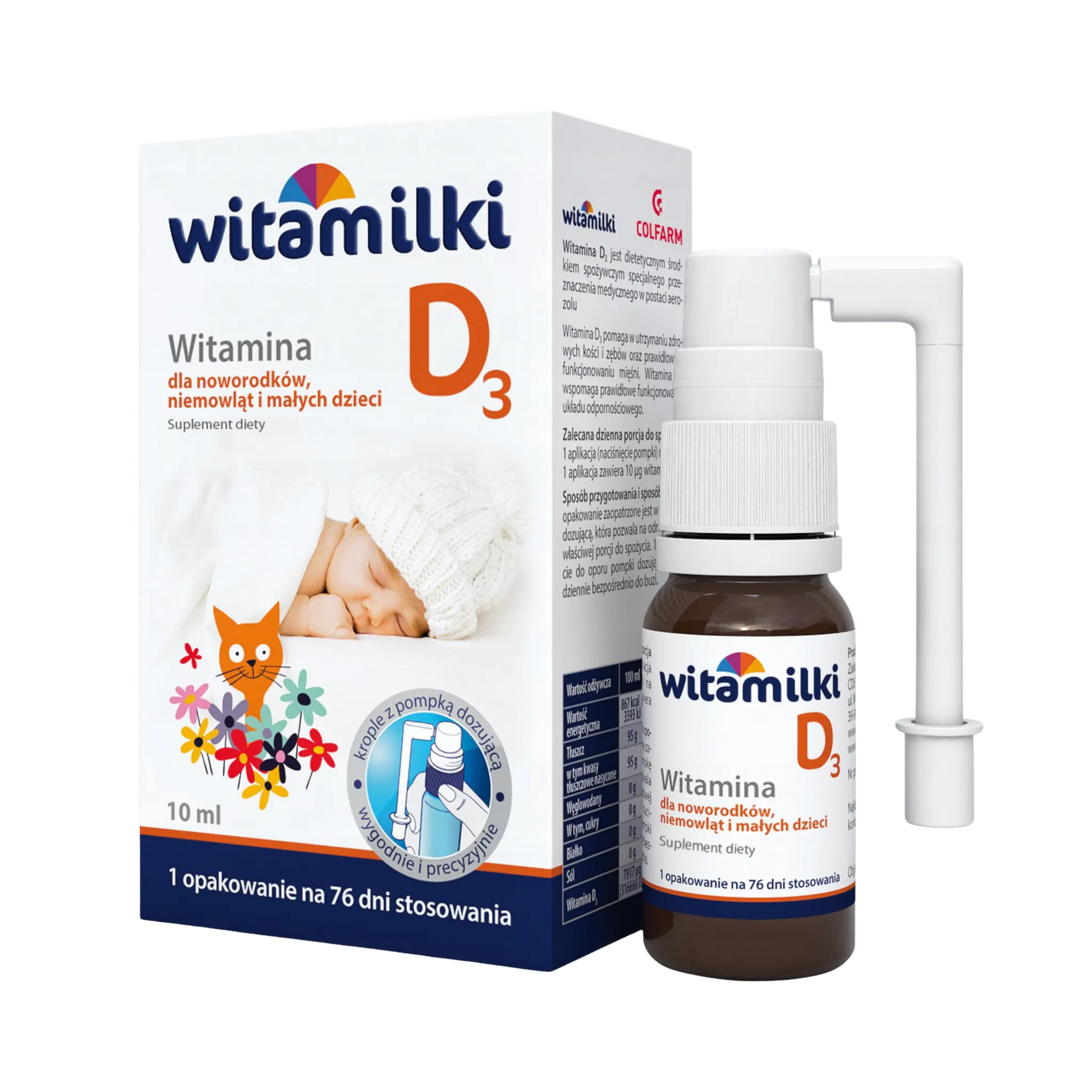 Witamilki D3 Colfarm – opakowanie produktu i butelka z pompką, suplement diety dla noworodków i małych dzieci 10 ml
